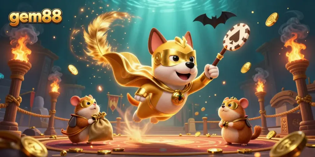 Experience the excitement of gem88 with vibrant characters and dynamic casino elements in this action-packed scene.