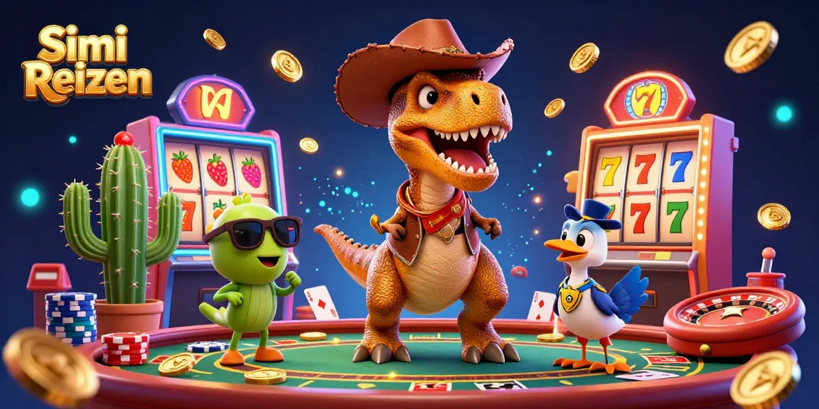 Simi Reizen biedt een spannende 3D-illustratie van een cowboy-dino die speelt in een casino vol gokkasten en speelelementen.