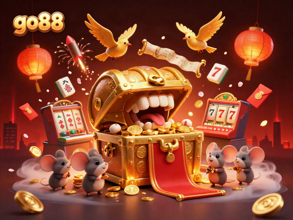 Experience the allure of go88 with a vibrant scene filled with gaming treasures and lucky symbols.