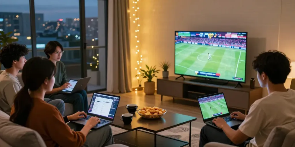 Online betting experience at home with https://net88.broker/ displayed on devices and sports on TV.