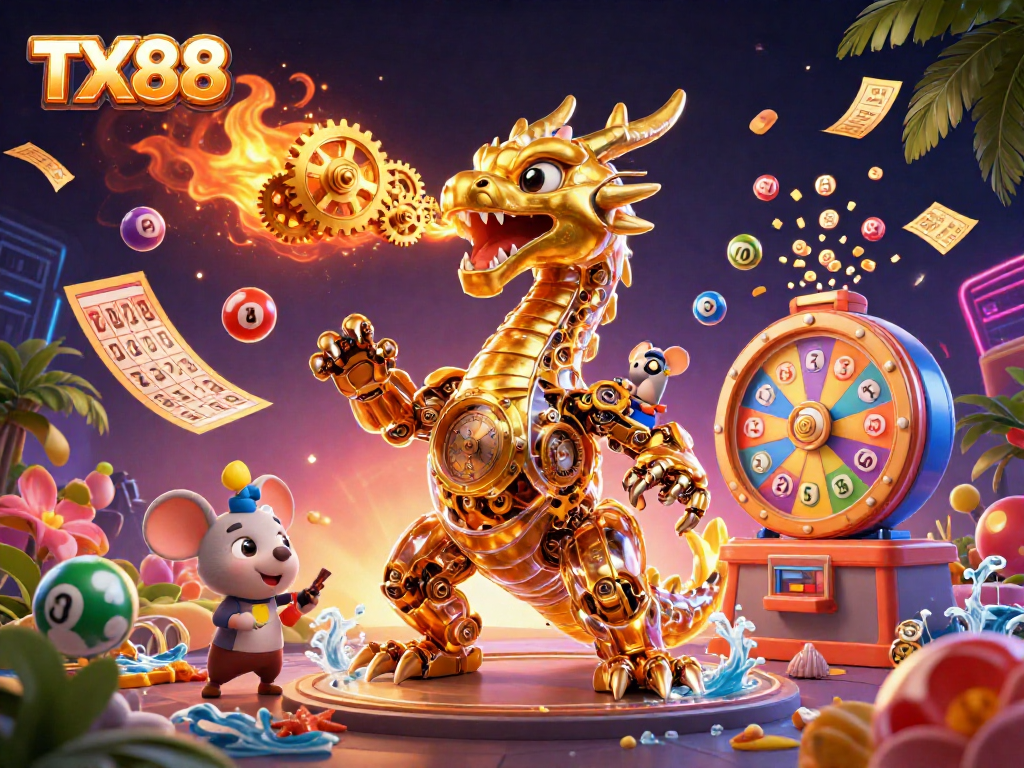 TX88 showcases a vibrant scene of excitement with lottery balls and a golden dragon, celebrating casino winnings.