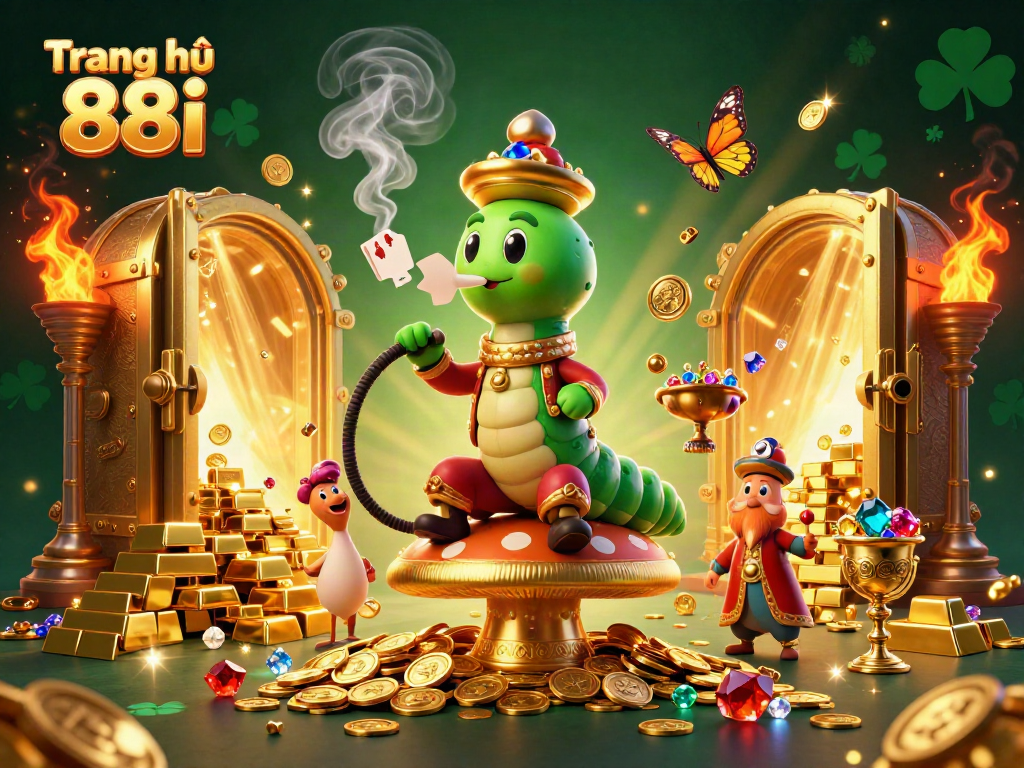 Engage with the vibrant scene at Trang chủ 88i featuring a caterpillar hookah-master and treasure elements.