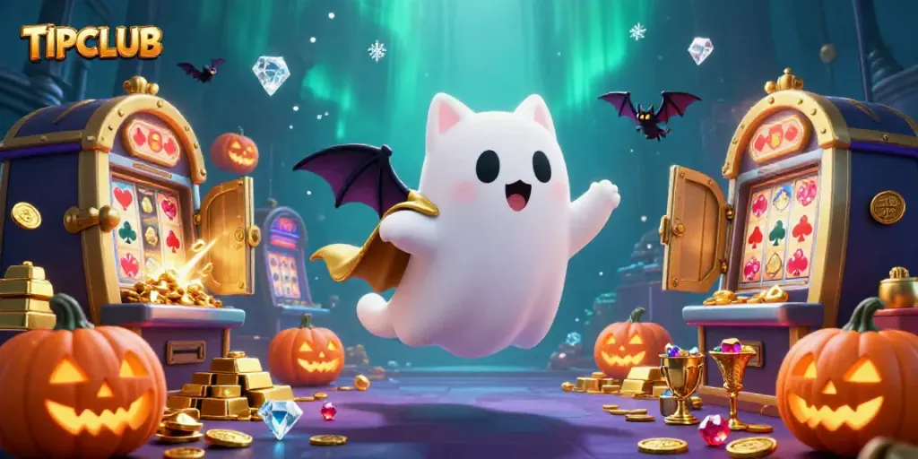 Experience the haunted excitement of TIPCLUB with a ghost cat and glowing treasures illuminating the casino.