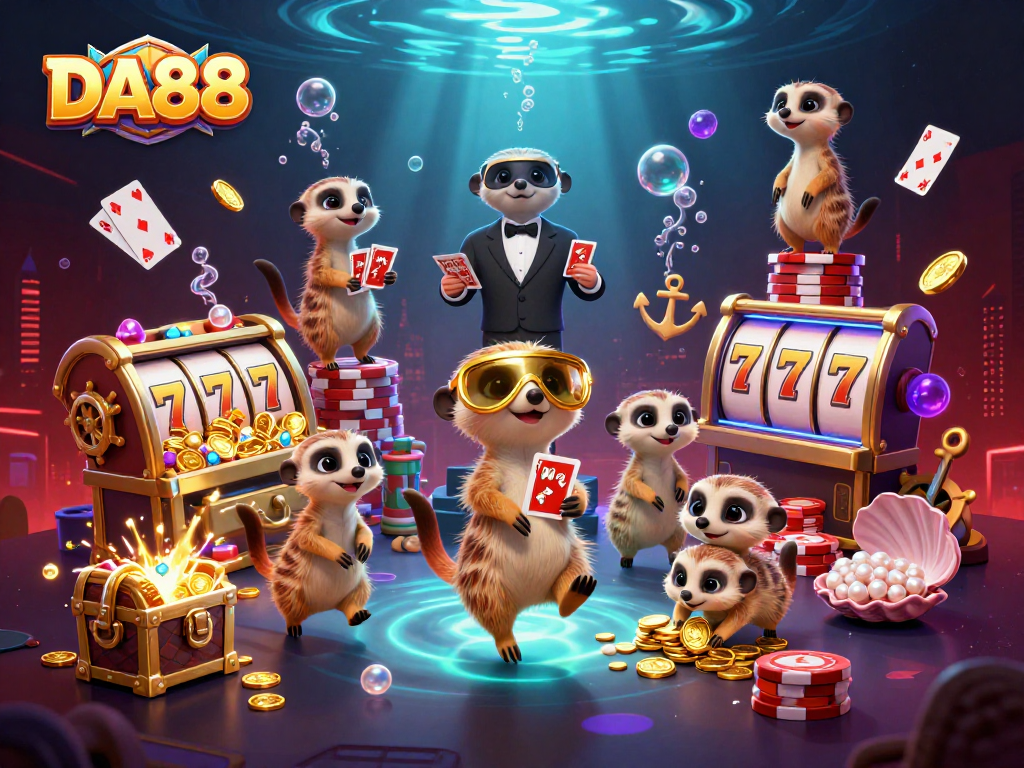 DA88 casino meerkats manage lively slot operations with colorful gems and coins.