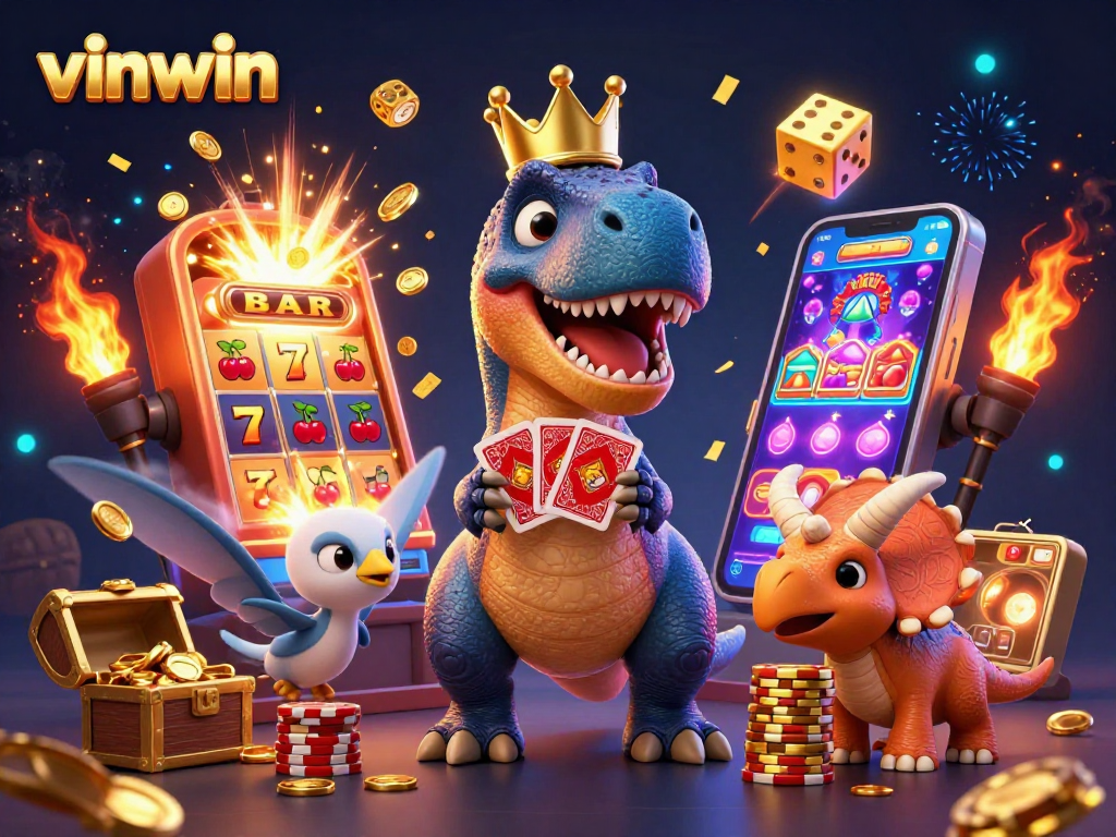 Join the fun at vinwin with a friendly T-Rex and dynamic casino action in a vibrant illustration.