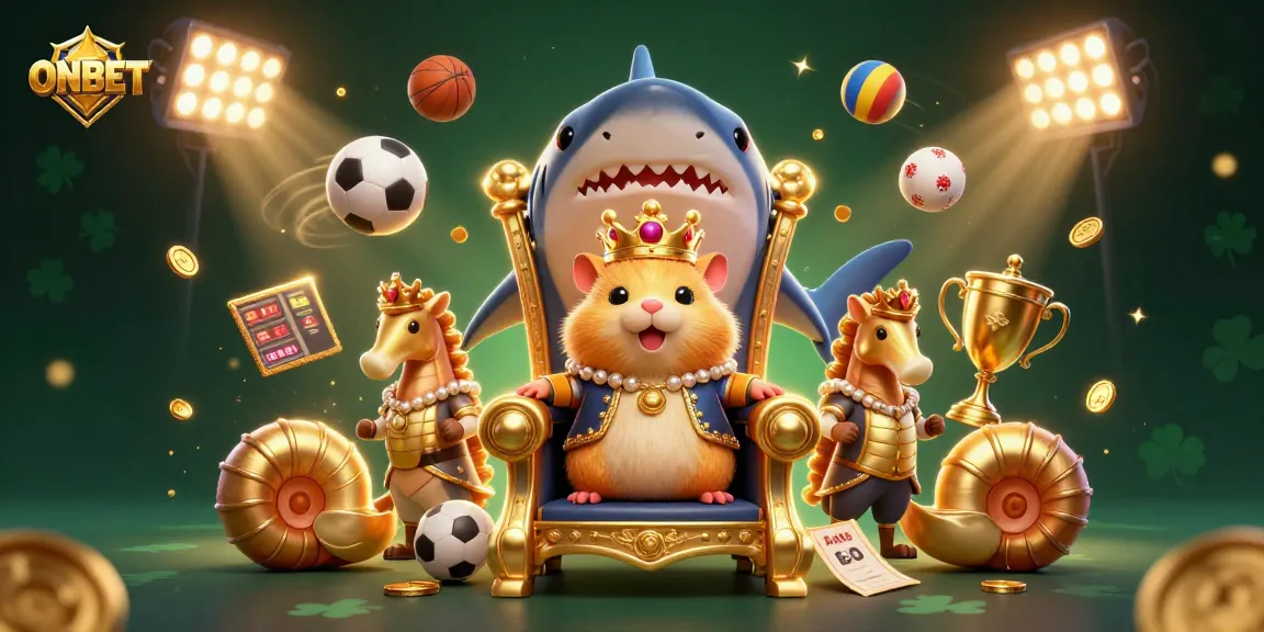 ONBET showcases a dynamic scene with a golden hamster king ruling over a casino-themed kingdom, featuring sports elements and celebrations.