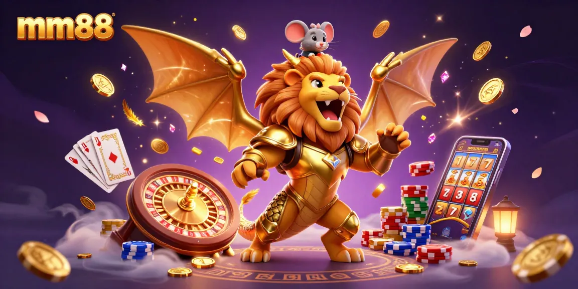 Join the thrilling world of mm88 with a magical illustration of a chimera celebrating casino wins.