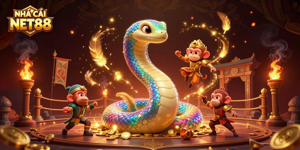 Experience the thrill at NHÀ CÁI NET88 with a vibrant casino scene featuring a playful monkey king and a shimmering serpent.
