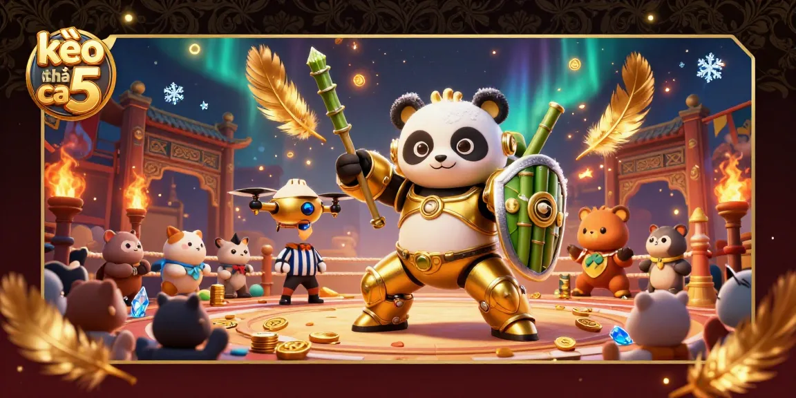 Experience excitement in kèo nhà cái 5 with dynamic golden panda piloting a colorful arena battle.