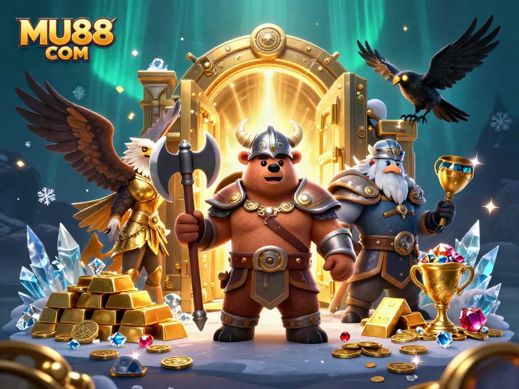 Experience thrilling gameplay with MU88 COM, featuring intricate Viking and eagle characters amid golden treasure.