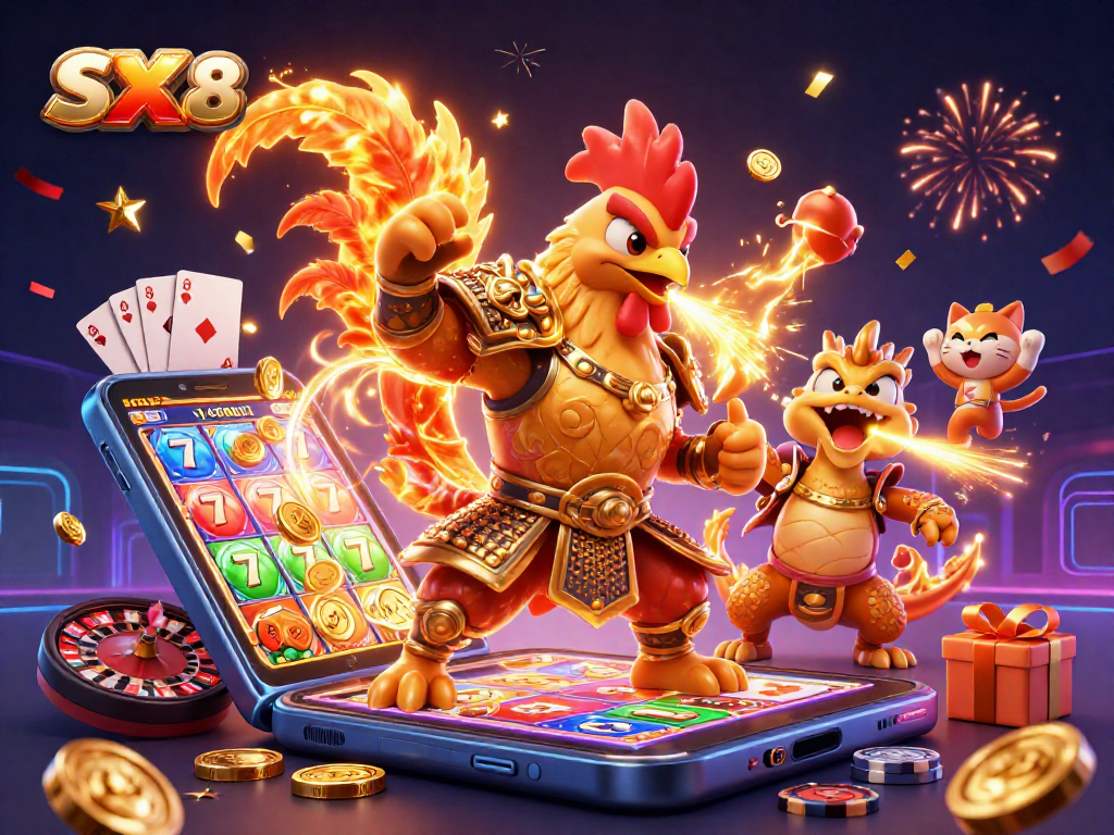 SX88 engages players with a dynamic scene featuring a fighting rooster, dragon hatchling, festive casino game elements, and golden coins.