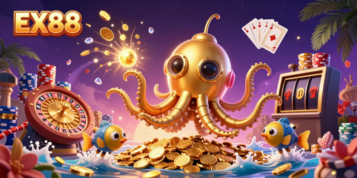 Experience the excitement of EX88 with a golden kraken submarine amidst coins and dynamic casino elements.