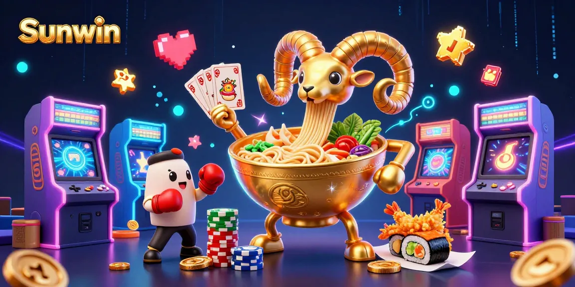 Sunwin features a giant golden ramen bowl character stacking chips and dealing cards with colorful casino elements.