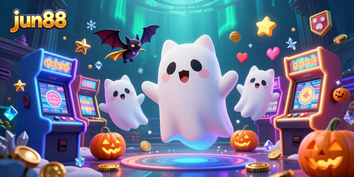 Experience the thrilling ambiance of jun88 with the floating ghost cat in a vibrant casino scene.