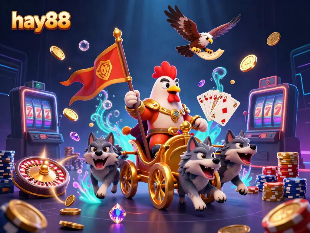 Experience the thrill of hay88 casino with a digital 3D illustration showcasing games, wins, and excitement.