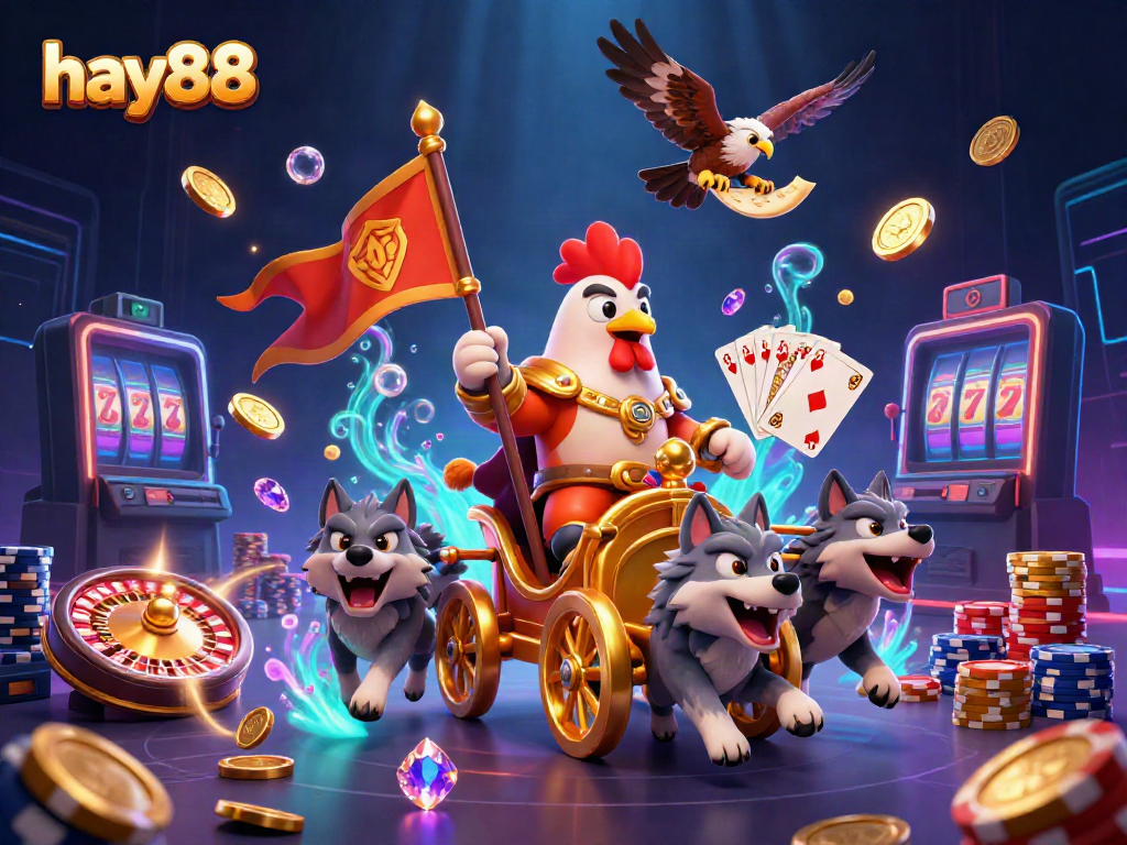 Experience the thrill of hay88 casino with a digital 3D illustration showcasing games, wins, and excitement.