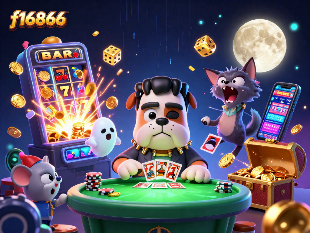 Experience thrilling gameplay at f16866 featuring a cartoon Frankenstein bulldog dealer and vibrant casino elements.