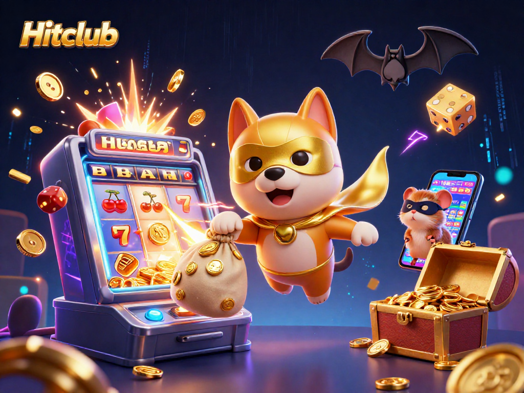 Exciting scene in Hitclub with superhero dog and hamster amidst a vibrant casino atmosphere.