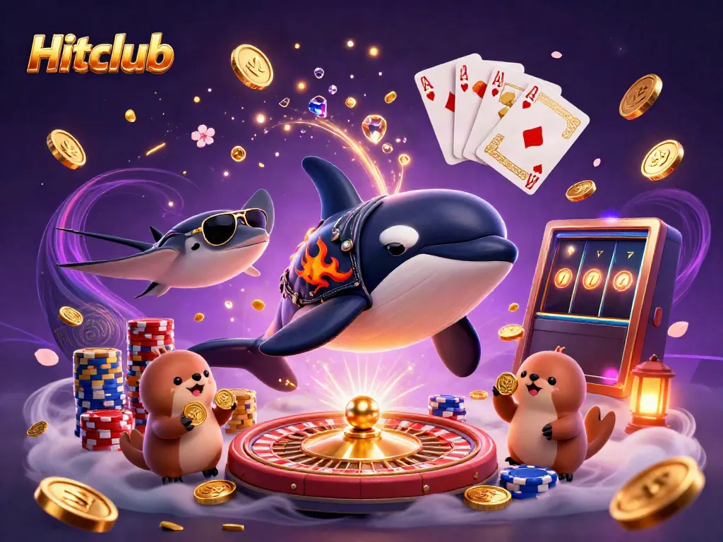 Engage with Hitclub's lively gaming scene featuring orca, stingray, and otters amidst vibrant casino elements.