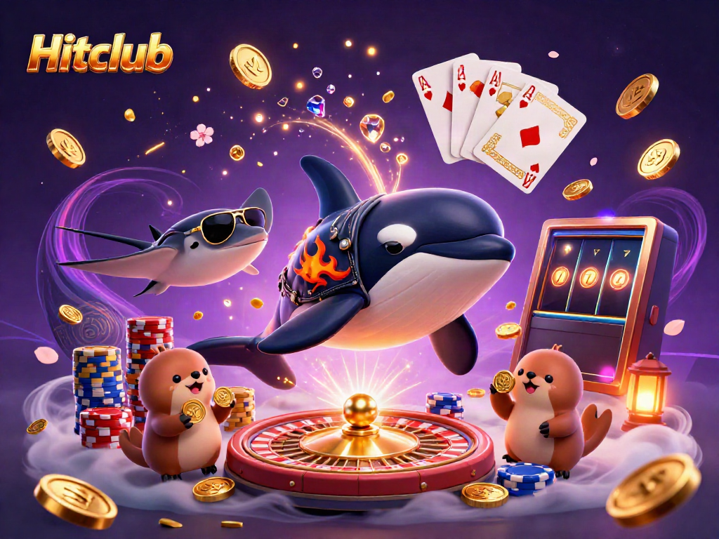 Engage with Hitclub's lively gaming scene featuring orca, stingray, and otters amidst vibrant casino elements.