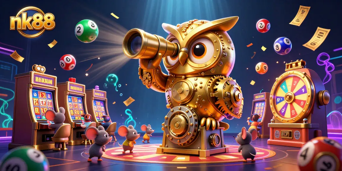 Engage with nk88's vibrant casino scene featuring golden owl and dynamic lottery elements.