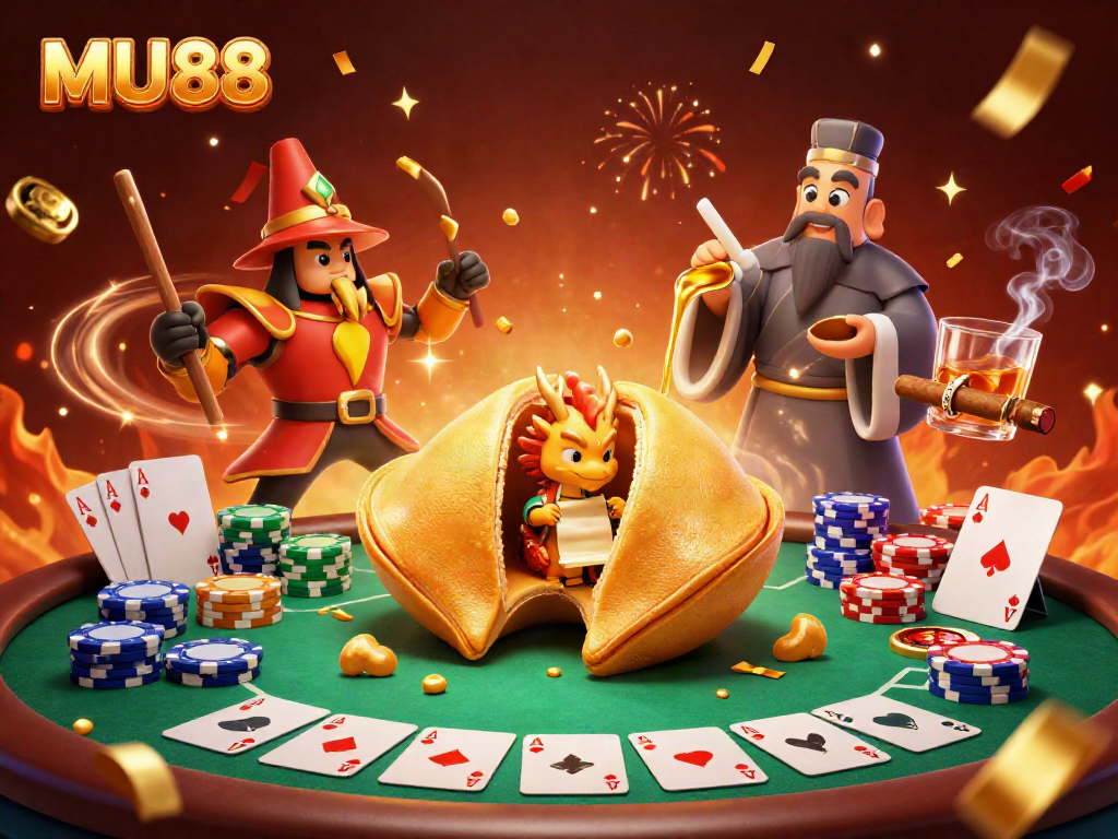 Experience thrilling games at MU88 with a colorful fortune cookie scene filled with poker excitement.