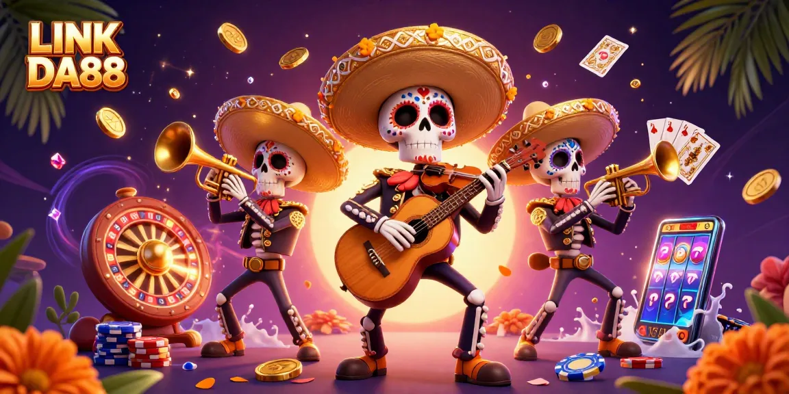 Engage with LINK DA88's thrilling casino scene, featuring a vivid mariachi band amidst dynamic gaming symbols.