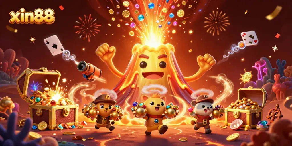 Experience thrilling wins at xin88 with a vibrant scene of a golden volcano and treasure.