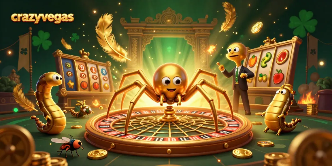 Experience the excitement of crazyvegas as a golden spider spins a roulette wheel web in a vibrant casino scene.