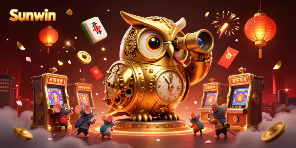 Spin to win at Sunwin with vibrant 3D casino elements and a clockwork owl overseeing the action.