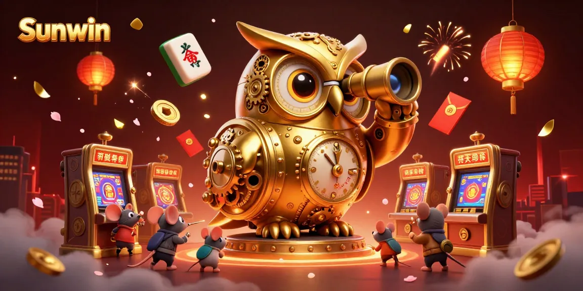 Spin to win at Sunwin with vibrant 3D casino elements and a clockwork owl overseeing the action.