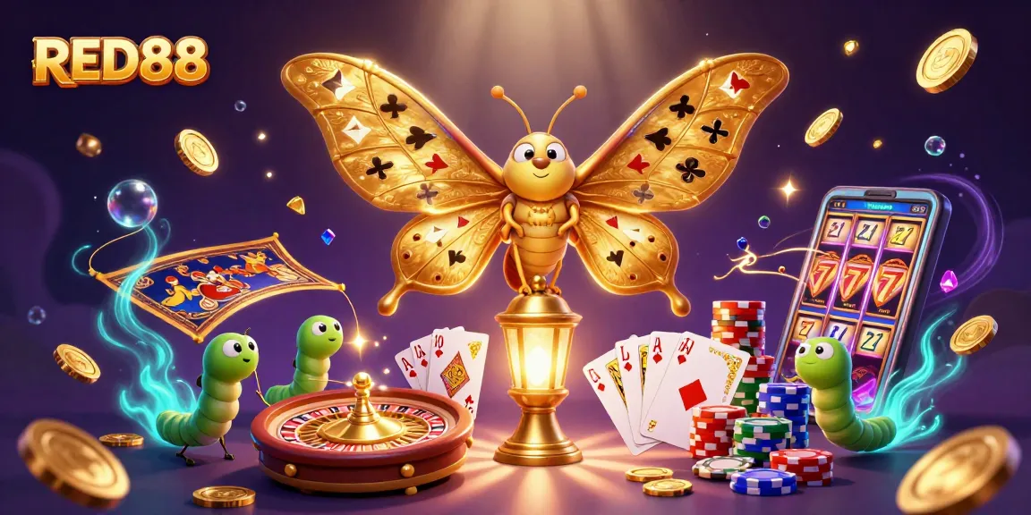 Experience the excitement of betting with RED88 as golden coins and cards fill the dynamic casino scene.