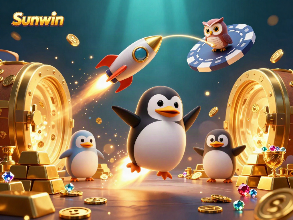 Join Sunwin with excitement as a golden penguin rocket launches towards a vibrant casino world.