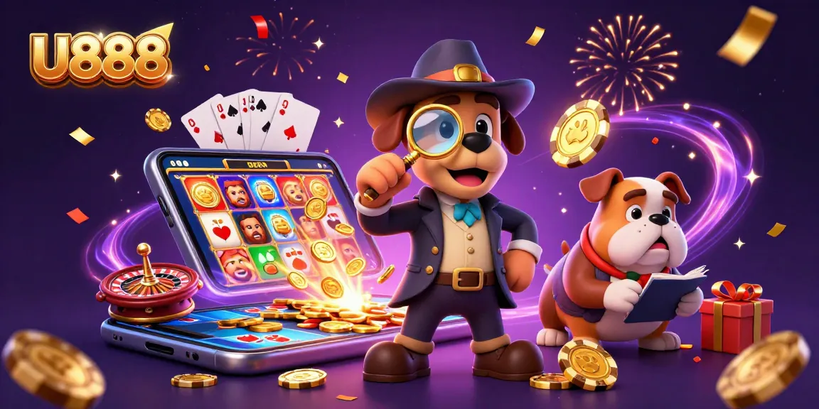 U888 engages players with an exciting treasure hunt theme featuring a detective and wealth symbols.