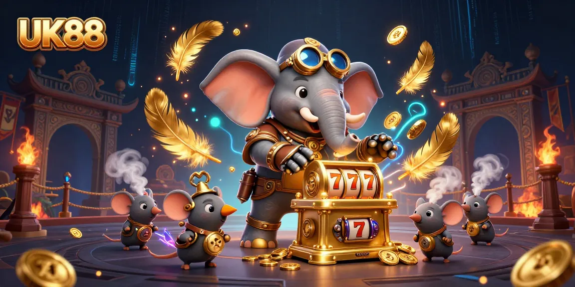 Spin the golden slot machine with UK88's steampunk elephant engineer among vibrant casino elements.
