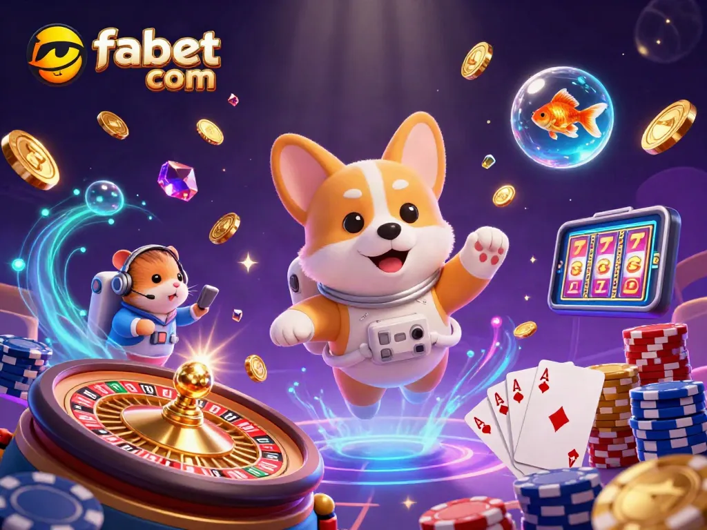 Spin and win with fabet com in a vibrant space casino, featuring floating chips and gold coins.