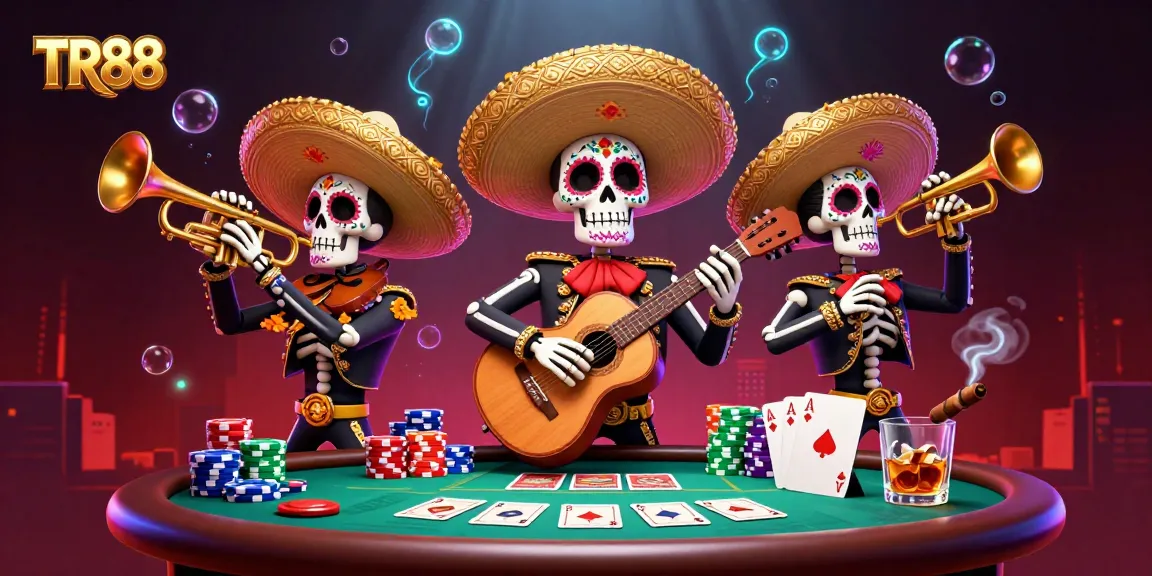 Experience excitement with TR88 as Day of the Dead skeleton mariachis celebrate at a vibrant poker table.