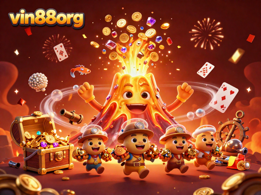 A thrilling depiction of vin88org's golden volcano characters amidst coins and treasures, perfect for gambling enthusiasts.