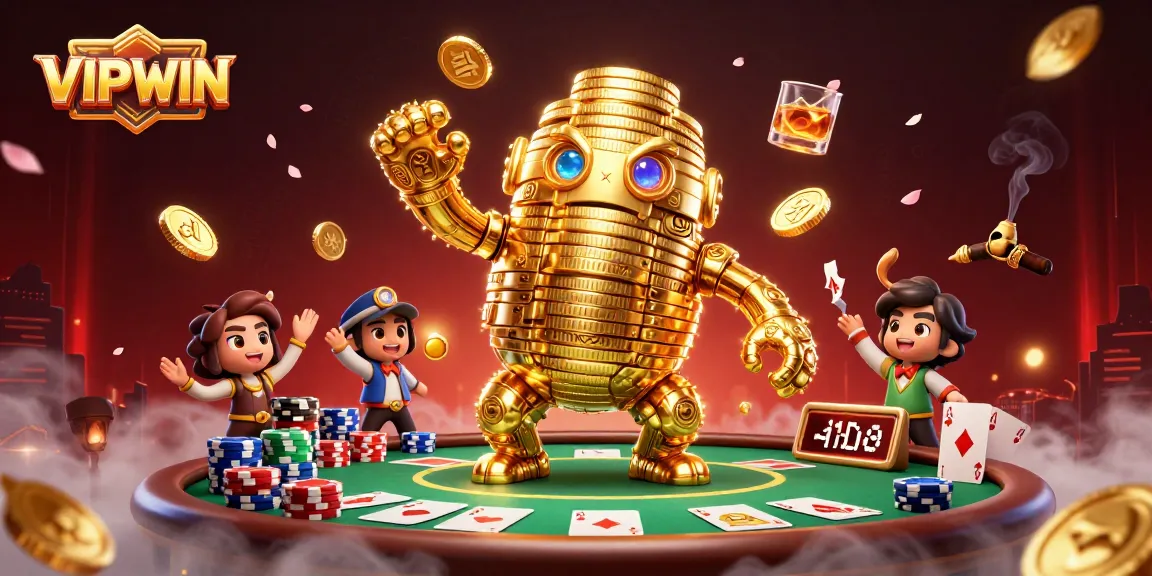 Experience thrilling gaming with VIPWIN's golden golem surrounded by dynamic poker elements.