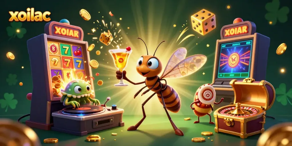 Watch the lively scene featuring xoilac characters in a casino environment filled with gold and jackpot celebrations.