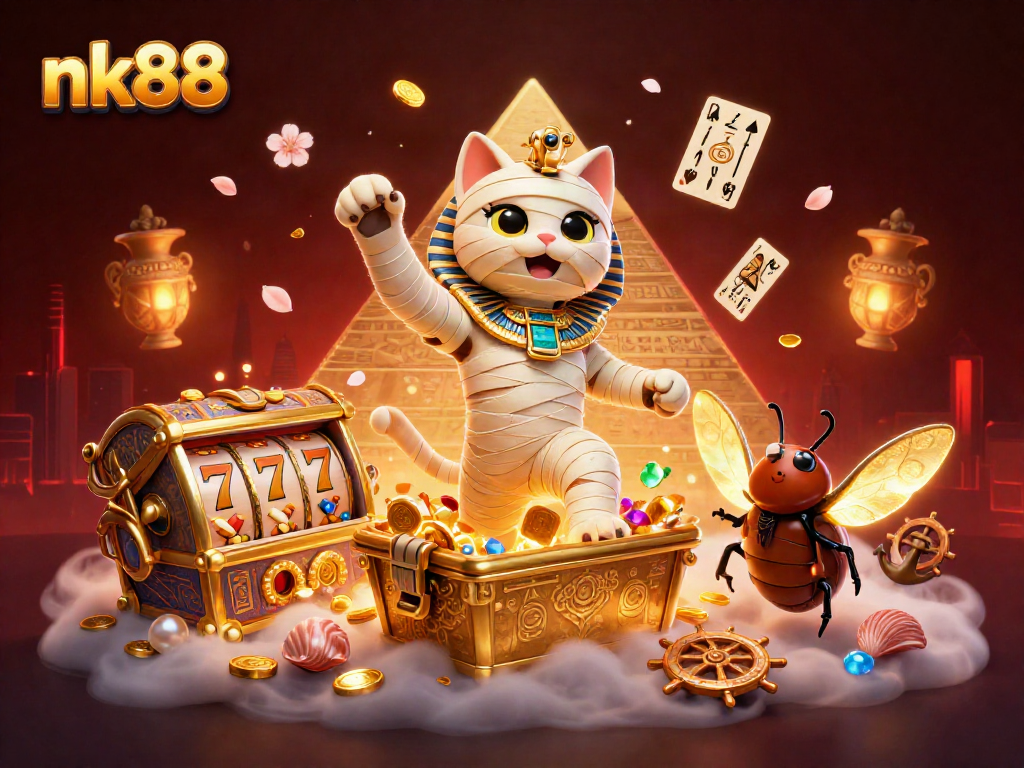 Spin slot reels and win big with nk88's dynamic casino illustration featuring an Egyptian mummy cat.
