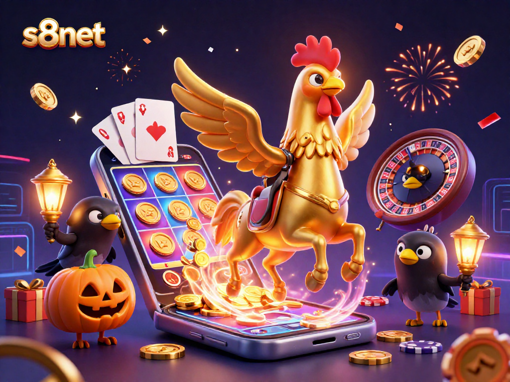 Join the excitement of s8net with a vibrant casino scene featuring golden rooster characters and dynamic slot games.