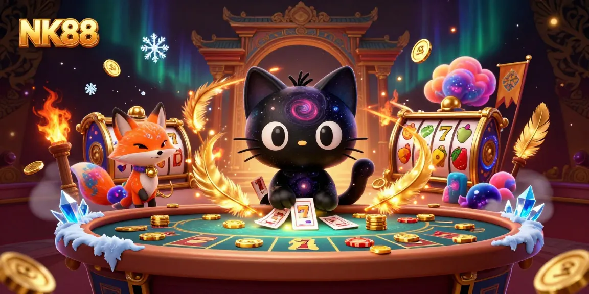 Engage with NK88, a magical cosmic casino scene filled with animated characters and vibrant game elements.
