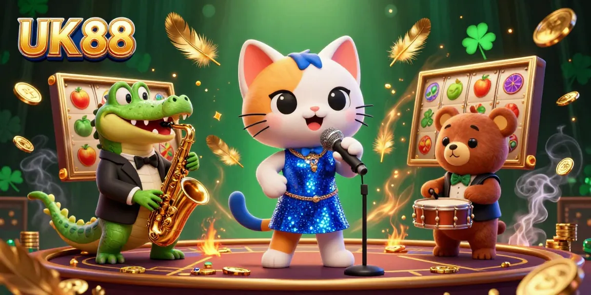 Experience the excitement of UK 88's vibrant casino scene, featuring a jazz-singer cat and dynamic game elements.