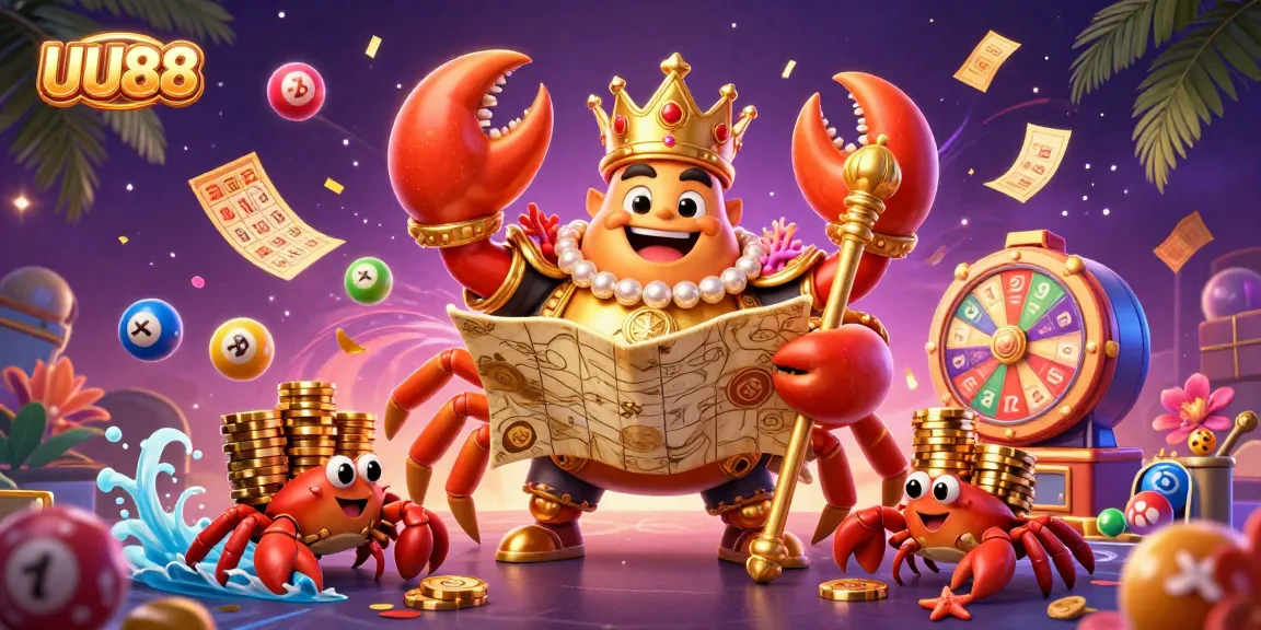 Experience the excitement of UU88 with a golden crab emperor commanding a treasure map amid dynamic casino elements.