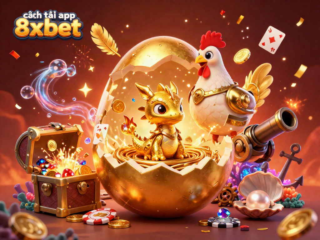 Experience the excitement of cách tải app 8xbet with colorful casino-themed 3D illustration, showing golden treasures.