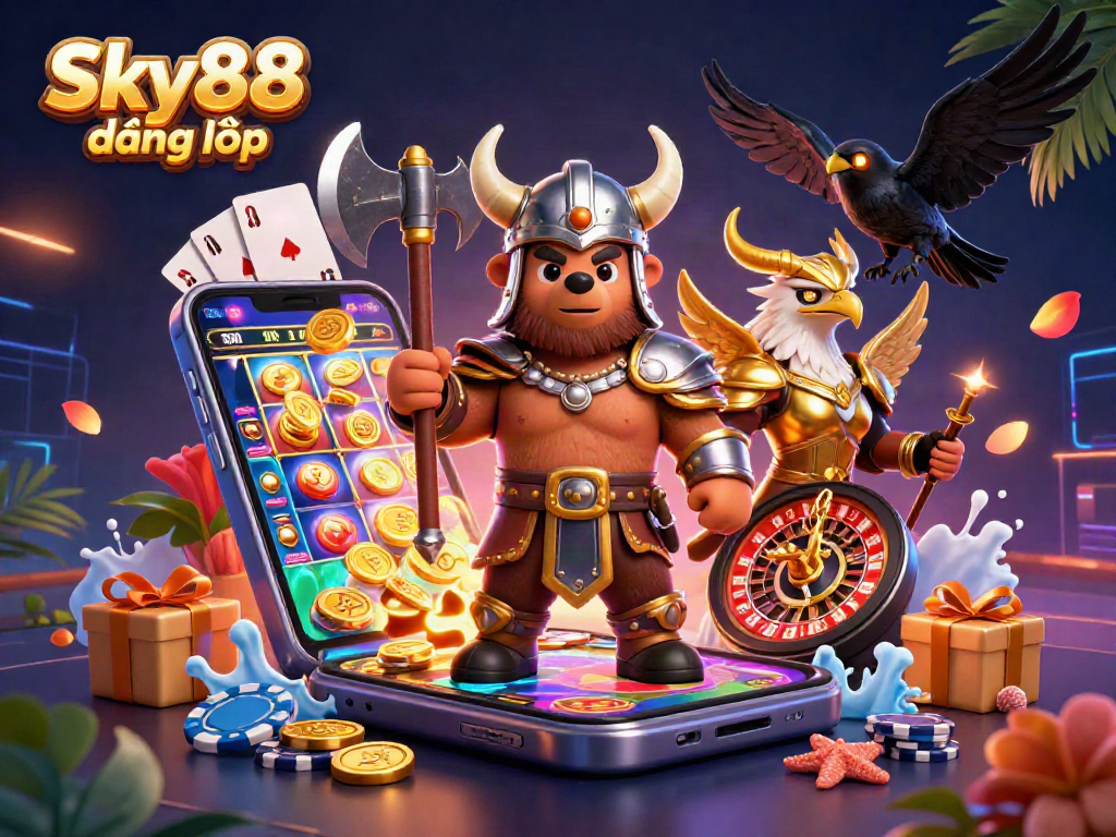 Engage with thrilling gameplay in Sky88 đăng nhập featuring an epic 3D Viking bear and golden Valkyrie eagle.