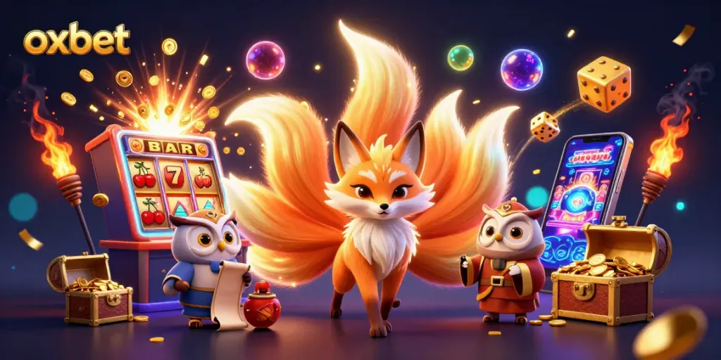 Engage in thrilling gameplay at Oxbet with a vibrant scene of a nine-tailed fox and casino elements.