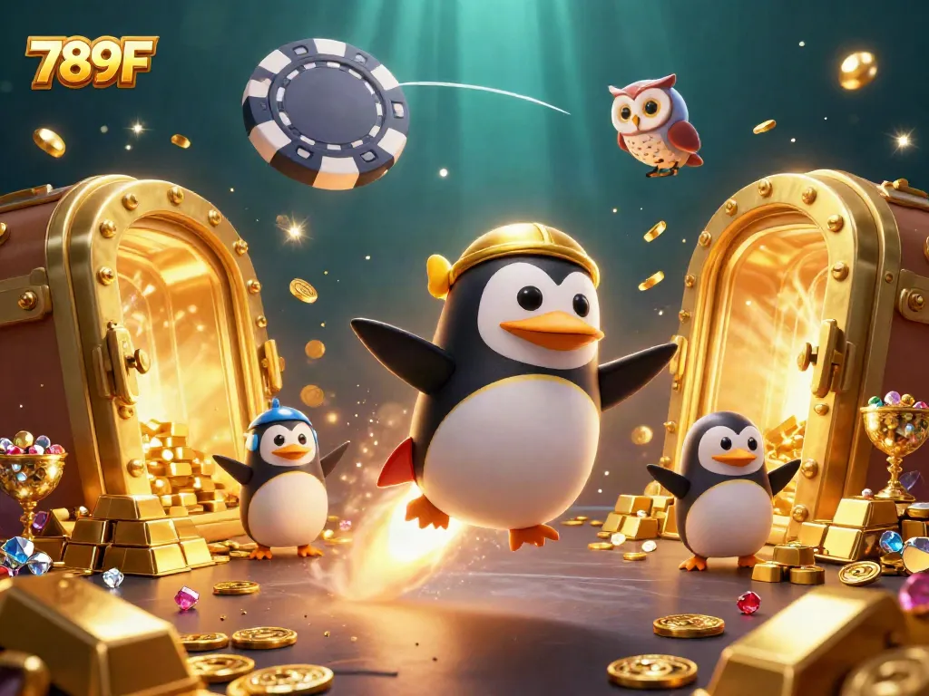 Soar with 789F as the golden penguin blasts through space to a casino chip station.