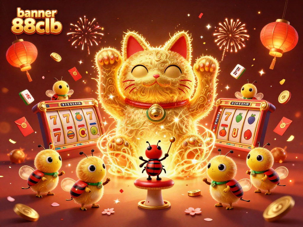 Experience the excitement with the banner 88clb, featuring a giant lucky cat formed by golden fireflies amidst colorful casino symbols.